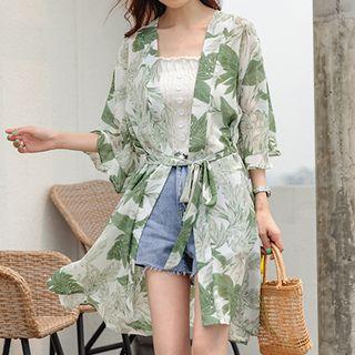 Elbow-sleeve Leaf Print Front-tie Jacket