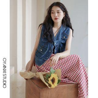 Button Flap-pocket Denim Vest