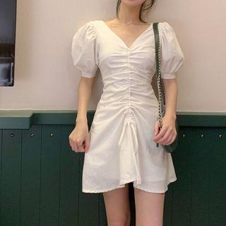 Plain V-neck Drawstring Dress