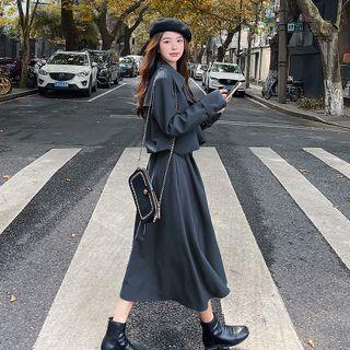 Set : Cropped Blazer + High-waist Accordion Pleat A-line Skirt