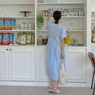 Button-back Pleated Stripe Long Dress