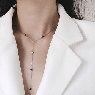 Faux Crystal Y Necklace 925 Silver - Necklace - Black Faux Crystals - Silver - One Size