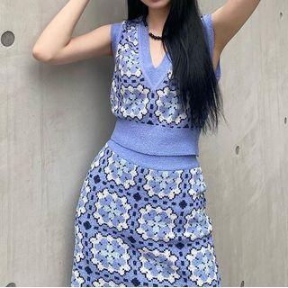 Patterned Knit Sweater Vest / Midi Knit Skirt