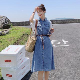 Short-sleeve Denim Panel Midi A-line Dress
