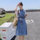 Short-sleeve Denim Panel Midi A-line Dress