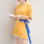 Short-sleeve Tie-waist Long Top