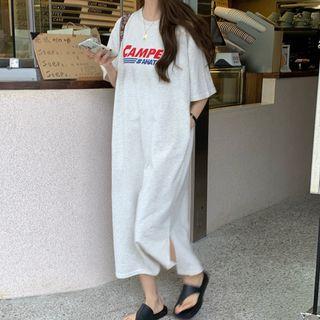 Short-sleeve Lettering Side-slit Long Dress