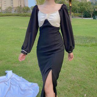 Long-sleeve Two-tone Side-slit Sheath Dress