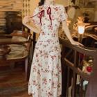 Mandarin Collar Floral Short-sleeve Lace-up Midi A-line Dress