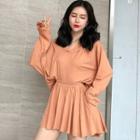 Set: Long-sleeve Hooded T-shirt + Elastic Waist Culottes