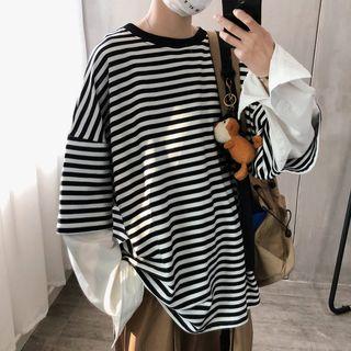 Mock Two-piece Loose-fit Striped Pullover
