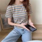 Striped Short-sleeve Cropped Ribbed T-shirt