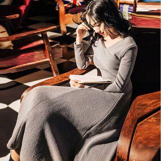 Knit Boatneck Long-sleeve Midi A-line Dress