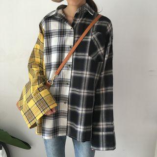 Long-sleeve Plaid Paneled Shirt Plaid - Black & White - One Size