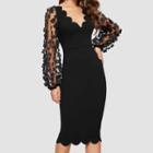 Floral Mesh-sleeve Scallop Edge Sheath Dress
