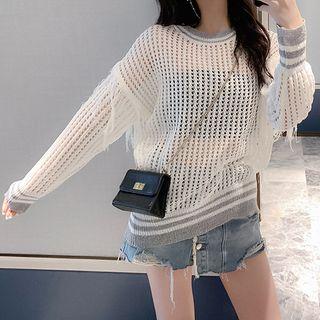 Fringed Trim Eyelet Knit Long-sleeve Top