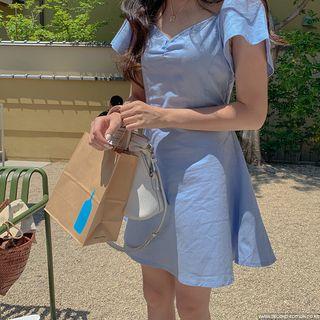 Plain Short-sleeve A-line Mini Dress Blue - One Size