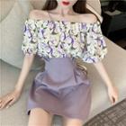 Off-shoulder Short-sleeve Floral Blouse / Plain Mini A-line Skirt
