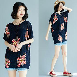 Short-sleeve Cross Print Top As Shown In Figure - One Size