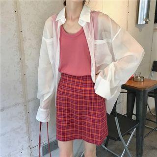 Plain Tank Top / Light Jacket / Plaid A-line Skirt