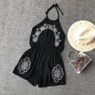 Embroidered Sleeveless Halter Playsuit