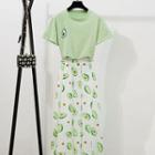 Short-sleeve Avocado Embroidered T-shirt + Avocado Midi Skirt