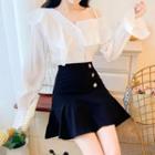 Long-sleeve Cold Shoulder Ruffled Blouse / A-line Mini Skirt / Set