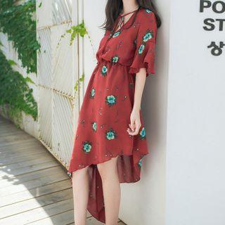 Flower Print Flutter-sleeve Asymmetrical Chiffon Dress
