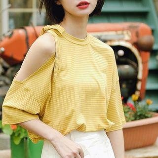 Cutout Shoulder Striped Elbow-sleeve T-shirt