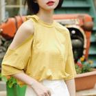 Cutout Shoulder Striped Elbow-sleeve T-shirt