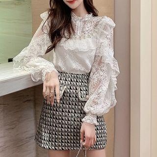 Puff-sleeve Cutout Lace Top / Plaid Skirt