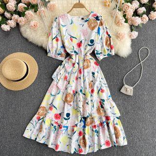 Print Ruffle Puff-sleeve Dress White - One Size