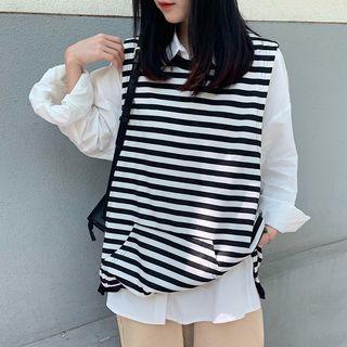 Long-sleeve Shirt / Striped Vest / Wide-leg Pants