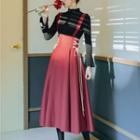 Set: Mock-turtleneck Bell-sleeve Knit Top + A-line Midi Pinafore Dress