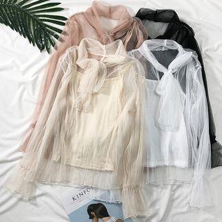 Tie-neckline Mesh Lace Blouse With Camisole