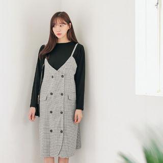 Spaghetti-strap Double-breasted Plaid Dress
