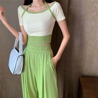 Short-sleeve Cutout Top / Wide-leg Pants
