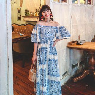 Off-shoulder Patterned Midi A-line Dress