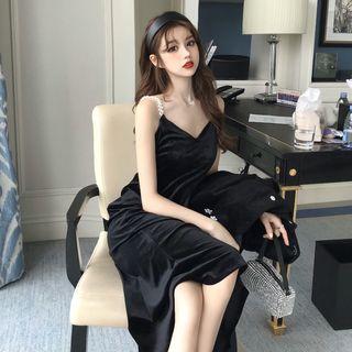 Faux Pearl Strap Velvet Midi A-line Dress