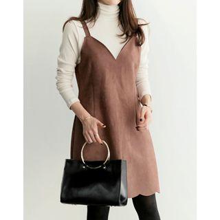 Scallop-detail Faux-suede Suspender Dress