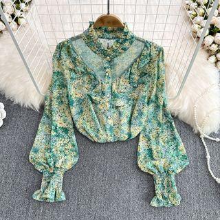 Long Sleeve Mesh Panel Chiffon Shirt
