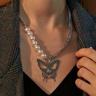 Butterfly Pendant Faux Pearl Alloy Necklace 01 - Dz-227 - Silver - One Size