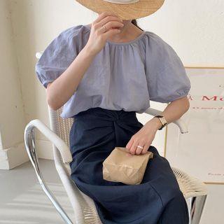 Round-neck Puff-sleeve Shirt + High-waist Knotted Maxi Skirt