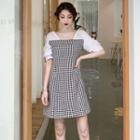Plaid Short-sleeve Mock Two-piece Dress As Shown In Figure - One Size