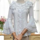 Bell-sleeve Ruffled Lace Trim Blouse