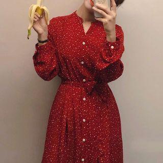Dotted Long-sleeve Midi Shirt Dress Red - One Size