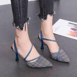 Plaid Pointy-toe Kitten Heel Sandals