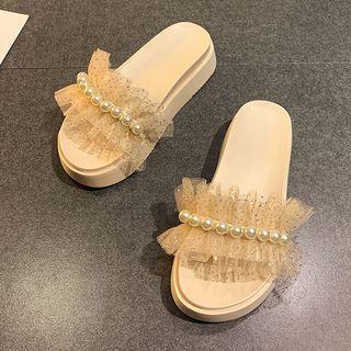 Ruffle Mesh Platform Slide Sandals