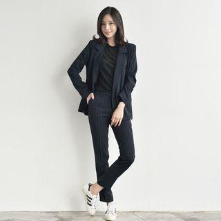 Set: Notched-lapel Striped Buttoned Blazer + Striped Pants