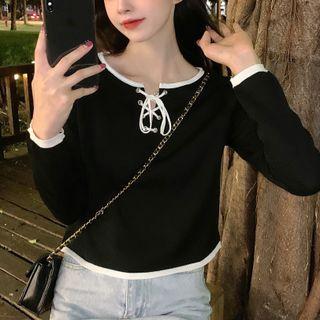 Lace-up Contrast Trim Knit Top